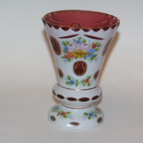 BOHEMIAN CZECH Cased Glass White Overlay Cut to Red Cranberry VASE Vintage - Picture 1 of 7